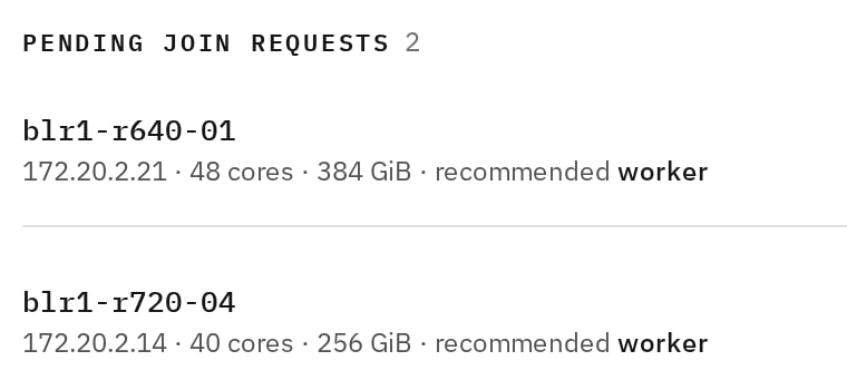 Two existing servers waiting to join the cluster, one with 48 cores and 384 GiB of memory and one with 40 cores and 256 GiB, each recommended as a worker.