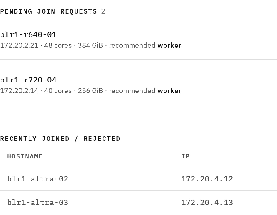 Two servers waiting to join the cluster, each with its address, cores, memory and recommended role, and two recently approved nodes.