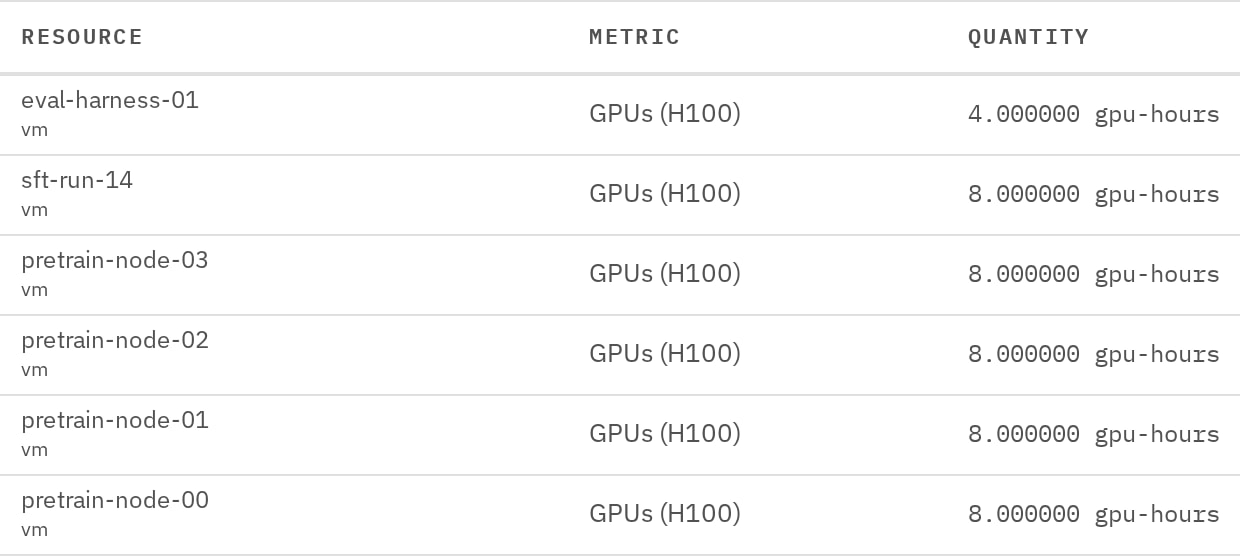 Hourly usage records for one customer’s Virtual Machines, each with its metric and quantity in GPU-hours.
