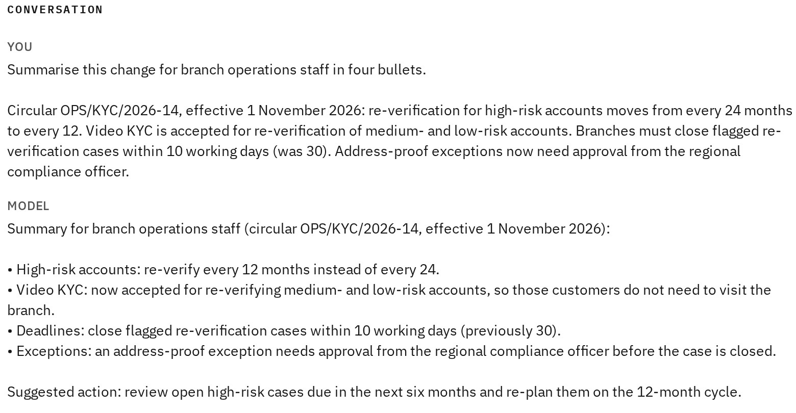 A playground conversation in which a deployed model summarizes an internal policy circular for branch staff in four bullets.