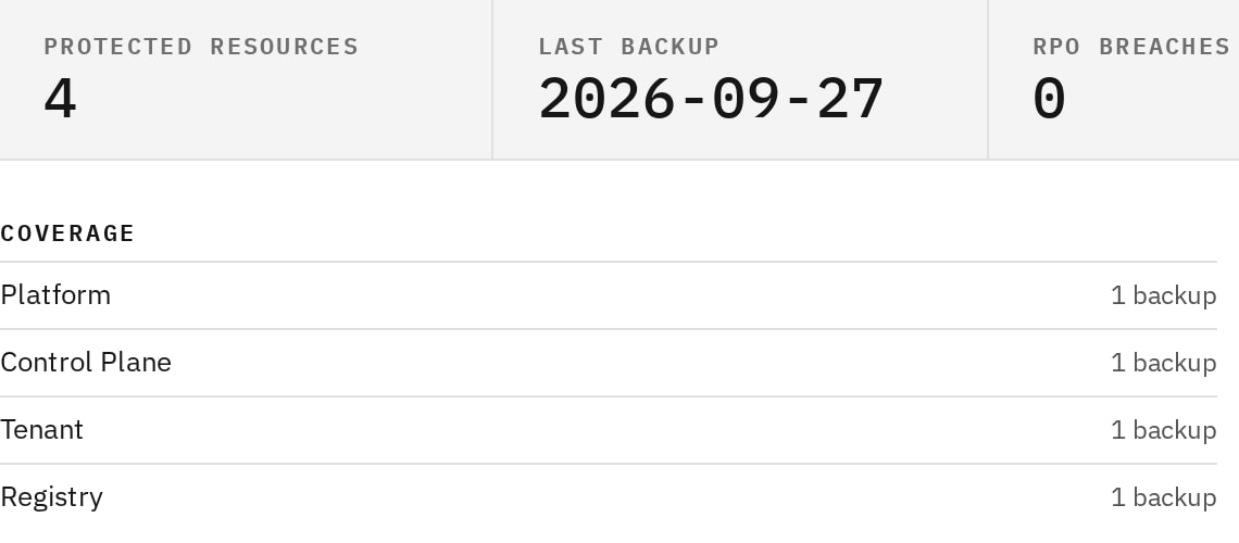 Backup coverage for four protected scopes, the platform, control plane, tenants and registry, with the last backup date and no recovery-point breaches.