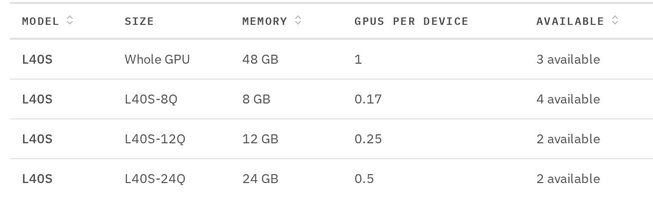 GPU sizes available to the team: a whole L40S, and 8, 12 and 24 GB slices, with how many of each are available.