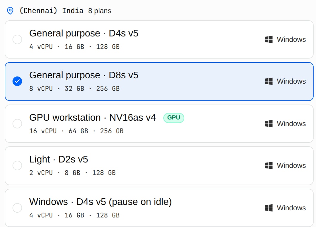 Workspace configurations in one region, including general-purpose Windows sizes and a GPU workstation, with an 8 vCPU, 32 GB configuration selected.