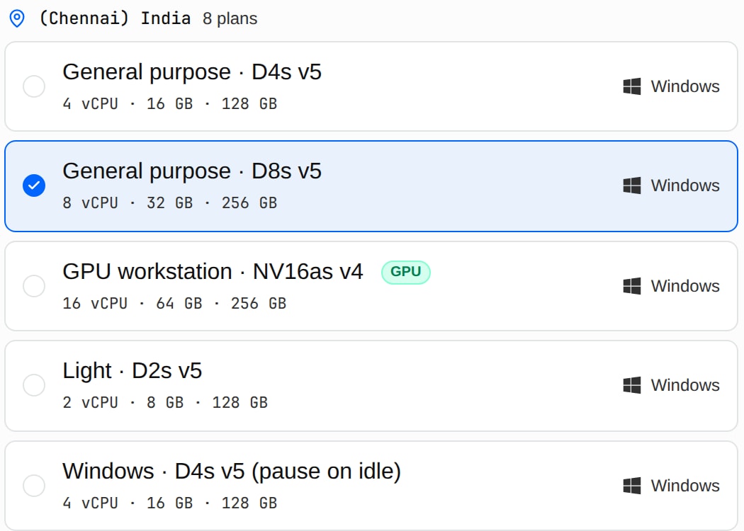 Workspace configurations in the Chennai region: general-purpose, GPU workstation and light Windows plans, each with its vCPU, memory and disk, with an eight-vCPU plan selected.