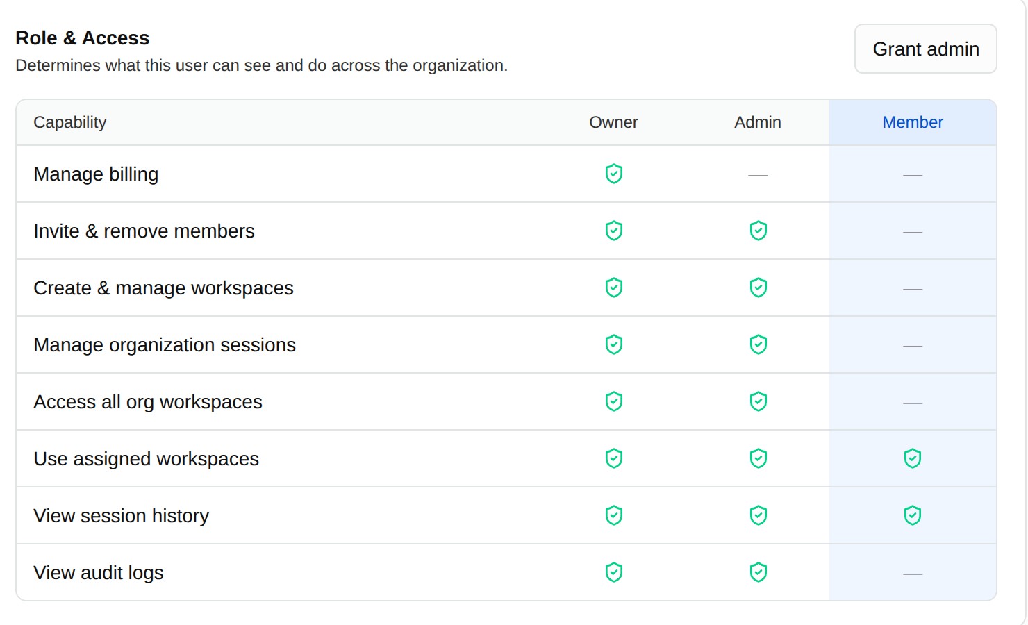 A role and access matrix: owners, admins and members, and which of them can manage billing, invite members, manage workspaces and sessions, and view session history and audit logs.