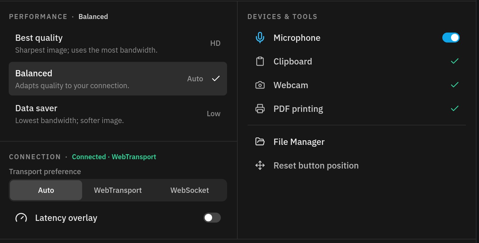 Session controls in the browser client: Best quality, Balanced and Data saver performance modes, an Auto, WebTransport or WebSocket transport preference, and the microphone, clipboard, webcam and PDF printing available in the session.