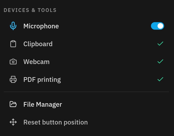 Devices and tools in a session: microphone on, with clipboard, webcam and PDF printing available.