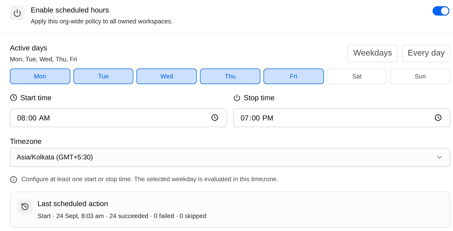 An organization-wide schedule that starts workspaces at 8:00 AM and stops them at 7:00 PM on weekdays in one timezone, with the last scheduled start succeeding for 24 workspaces.