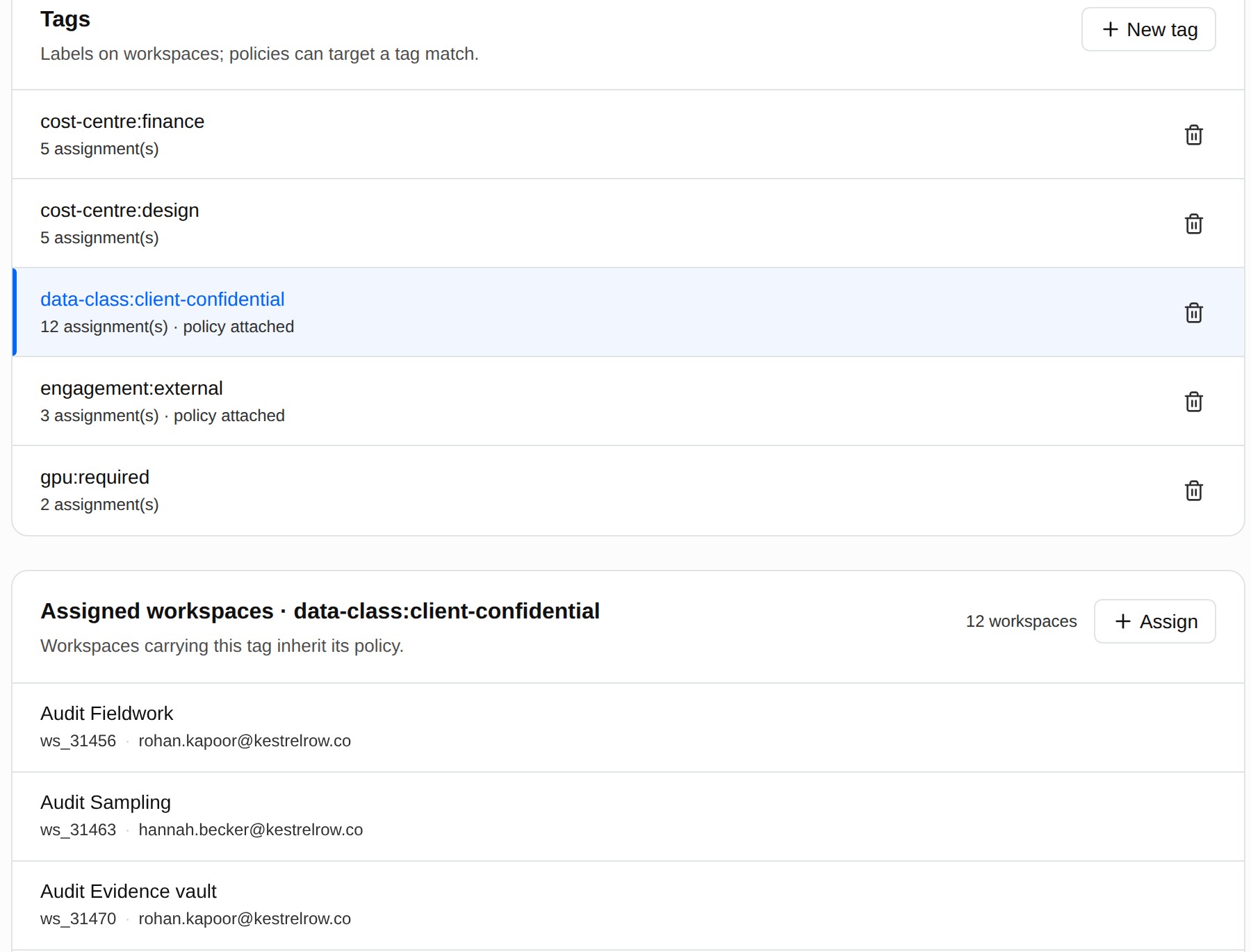 Workspace tags with a client-confidential tag and its attached policy, applied to audit workspaces.