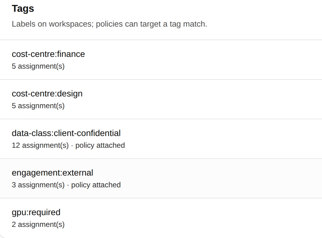 Workspace tags for cost centres, client-confidential data, external engagements and GPU needs, with how many workspaces carry each and whether a policy is attached.