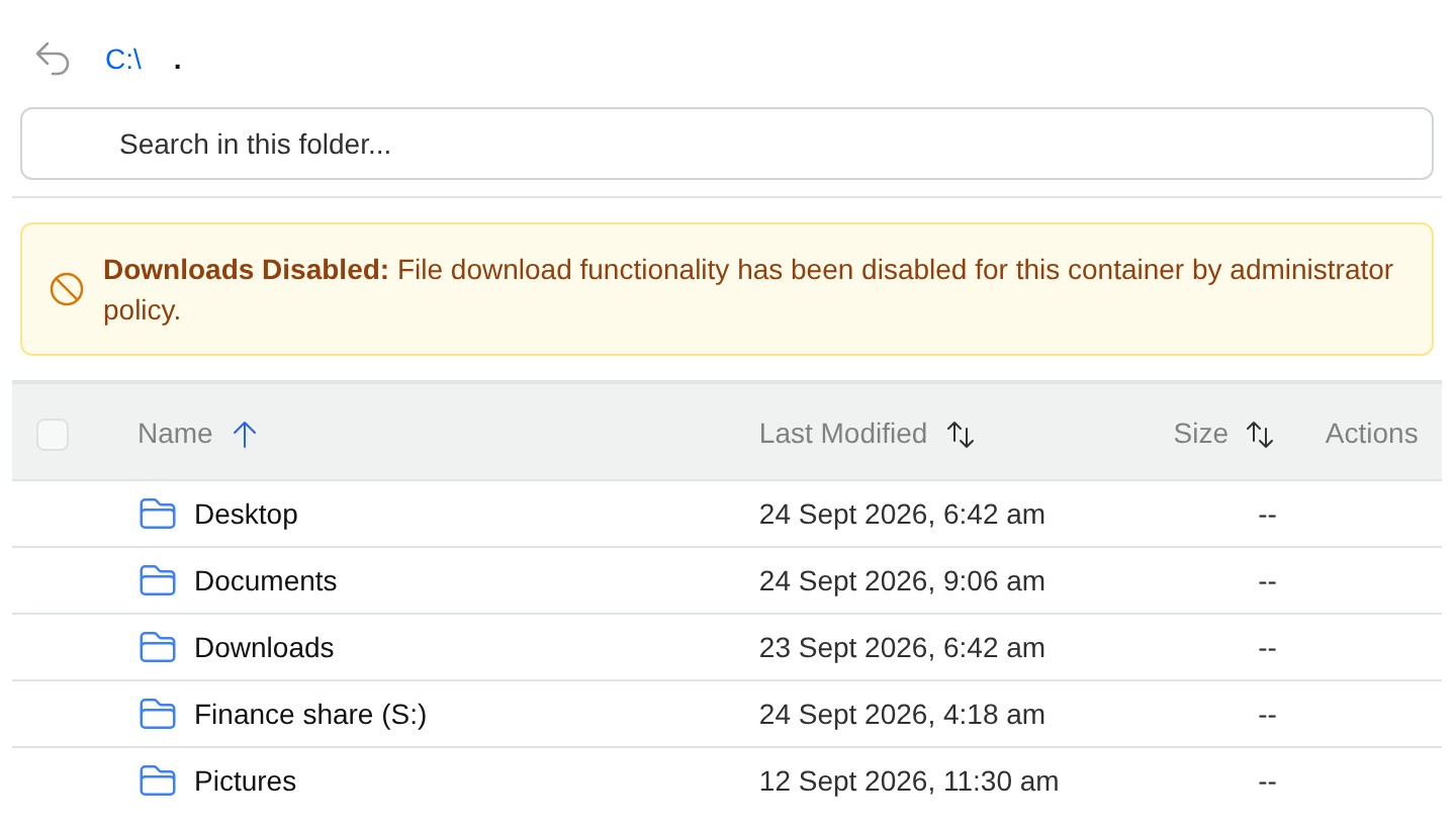 A workspace’s file browser with a notice that file downloads are disabled by administrator policy, above its Desktop, Documents, Downloads, Finance share and Pictures folders.